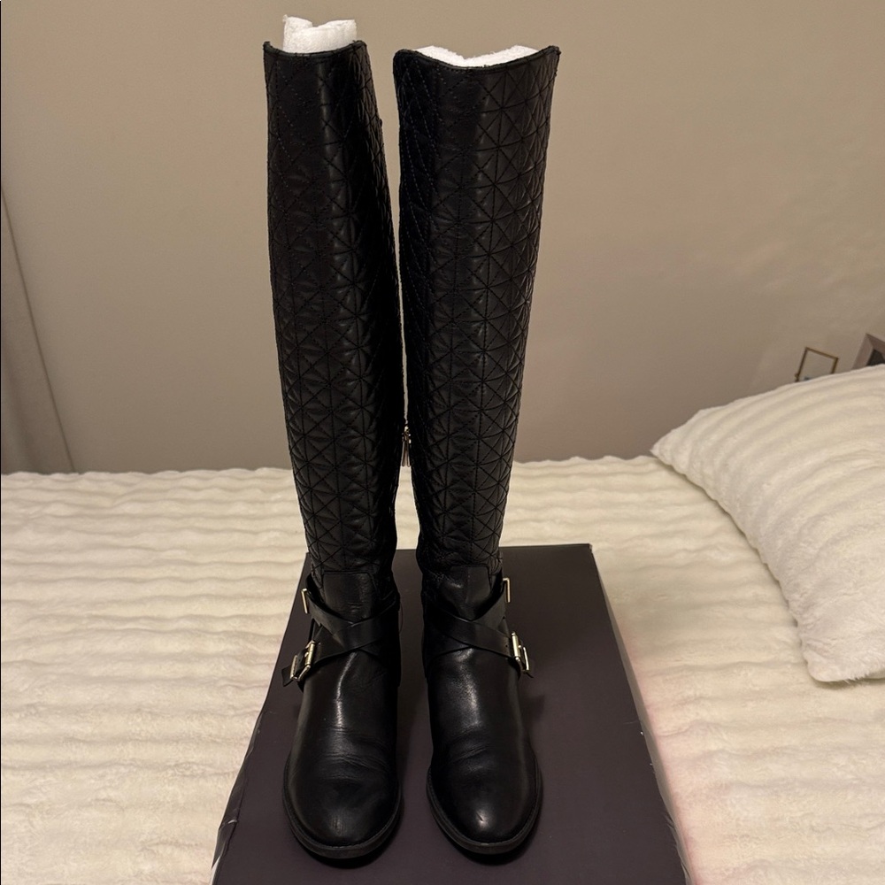 Vince Camuto Elegant Black with Gold Hardware Quilted Knee-High Boots